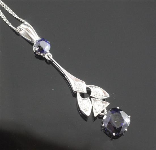A platinum? sapphire and diamond drop pendant, pendant 41mm.